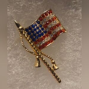 Gold-Tone American Flag Rhinestone Pin Brooch - Red, White & Blue